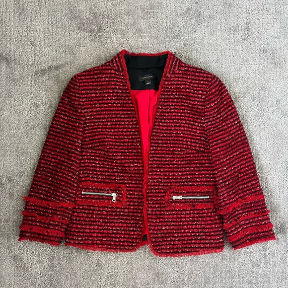 Ann Taylor Red Metallic Tweed Fringed Blazer - Picture 2 of 5